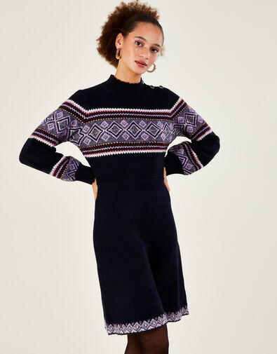 Fair Isle Short Knitted Dress with Recycled Polyester, Blue (BLUE), large