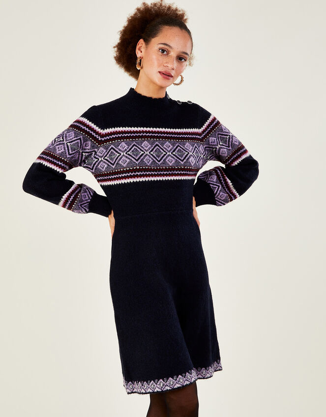 Fair Isle Short Knitted Dress with Recycled Polyester, Blue (BLUE), large