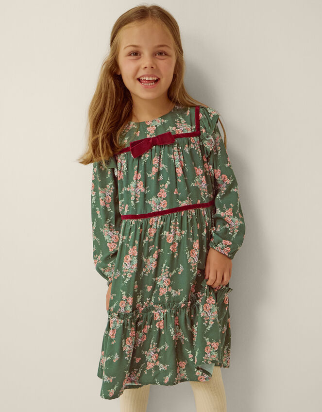 Long Sleeve Floral Print Dress, Green (GREEN), large