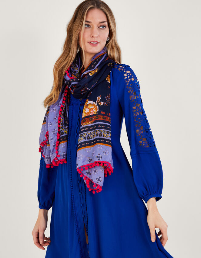 Printed Pom-Pom Trim Scarf in Recycled Polyester, , large