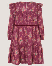 Long Sleeve Floral Print Dress, Red (BURGUNDY), large