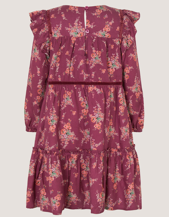 Long Sleeve Floral Print Dress, Red (BURGUNDY), large