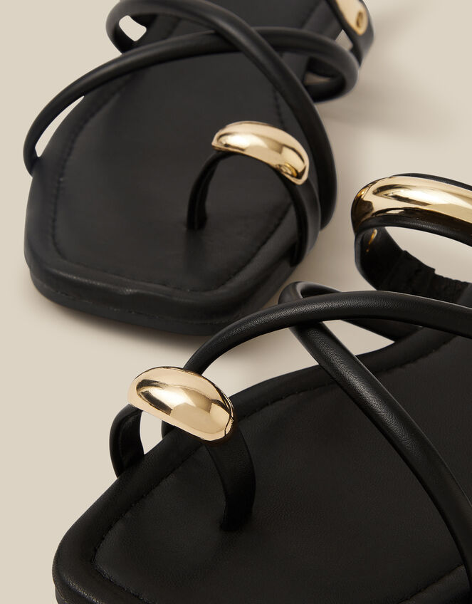 Metal Detail Toe Strap Sandals, Black (BLACK), large