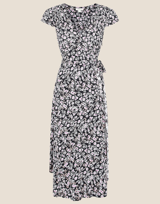 Floral Print Wrap Dress, Black (BLACK), large
