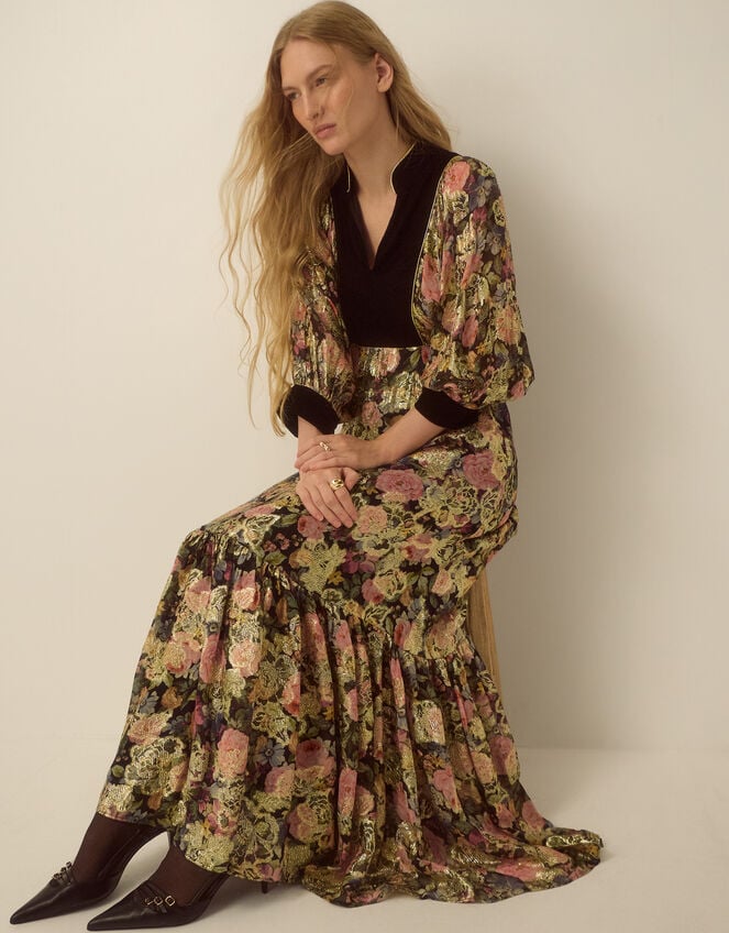Monsoon x Queens of Archive Patti Velvet Bib Metallic Floral Jacquard Maxi Dress​, Black (BLACK), large