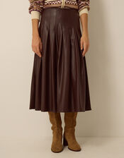 Ottie Pleated Faux Leather Midi Skirt, Brown (BROWN), large