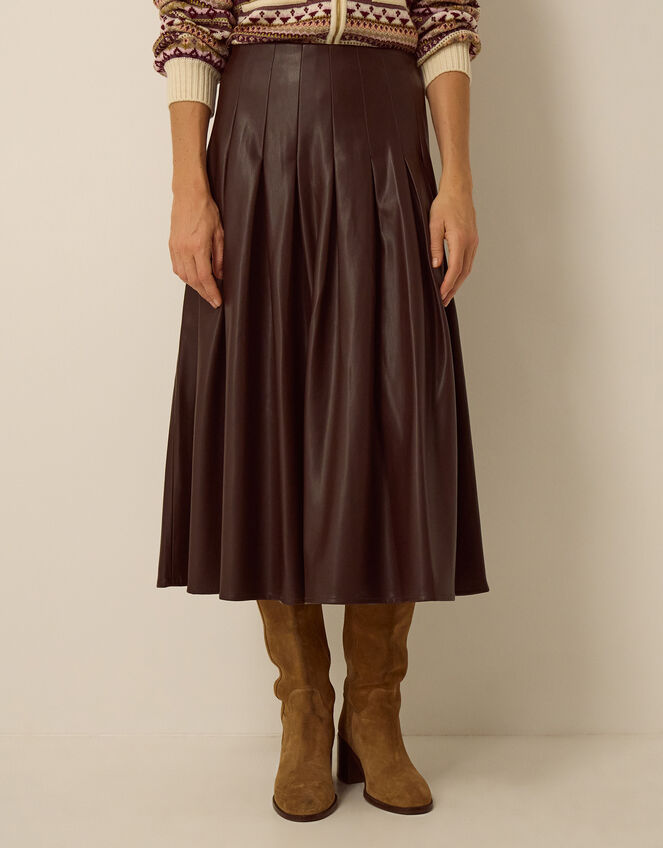 Ottie Pleated Faux Leather Midi Skirt, Brown (BROWN), large