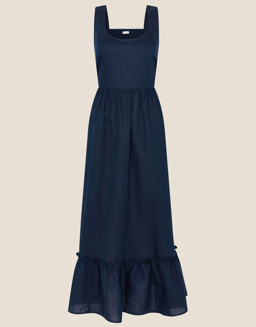 Frill Hem Dress in Linen Blend, Blue (NAVY), large