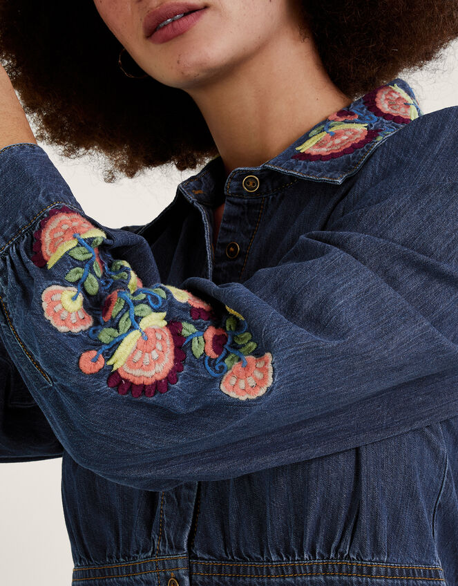 Embroidered Denim Midi Shirt Dress, Blue (DENIM BLUE), large