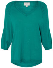 Gathered Sleeve Jumper in Linen Blend, Teal (TEAL), large