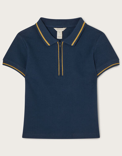 Zip Collar Textured Polo T-Shirt, Blue (NAVY), large