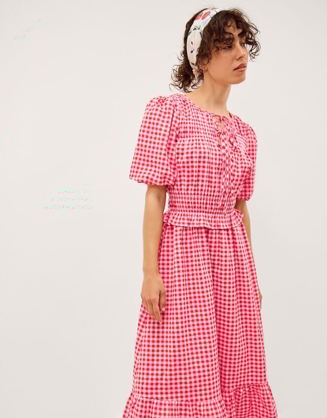 Mel Puff Sleeve Gingham Midi Dress, Red (RED), large