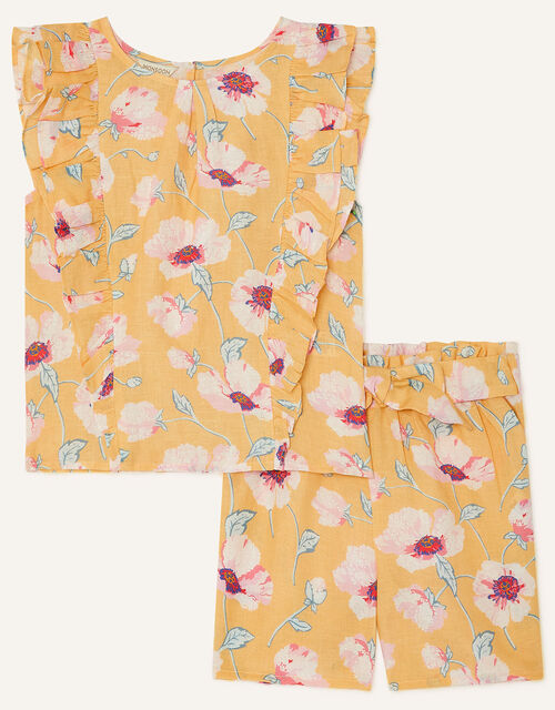 Large Flower Top and Short Set in Linen Blend, Yellow (YELLOW), large