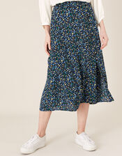 Ditsy Print Midi Skirt in Sustainable Viscose, Black (BLACK), large
