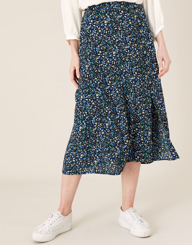 Ditsy Print Midi Skirt in Sustainable Viscose, Black (BLACK), large