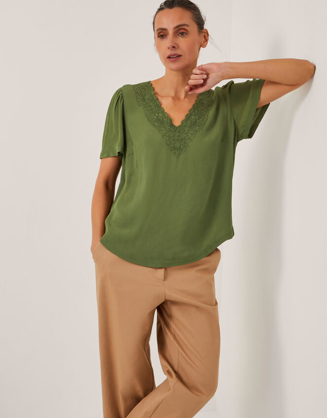 Lisa Embroidered Lace T-Shirt, Green (KHAKI), large