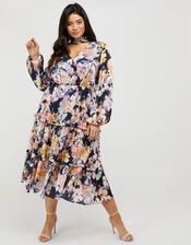 Marie Sustainable Floral Satin Midi Dress, Blue (BLUE), large