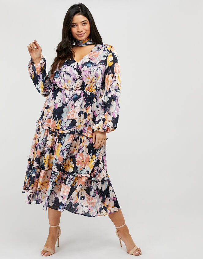 Marie Sustainable Floral Satin Midi Dress, Blue (BLUE), large