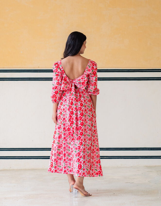India & Mills Lottie Poppy Print Midi Dress, Pink (PINK), large
