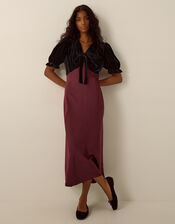 Fiona Puff Sleeve Velvet Satin Midi Dress, Red (WINE), large
