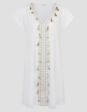 Jodie Tassel Beach Tunic Mini Dress, White (WHITE), large