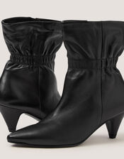 Fia Ruched Leather Kitten Heel Boots, Black (BLACK), large