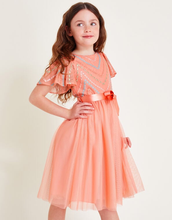 Chevron Flower Tulle Dress, Orange (CORAL), large