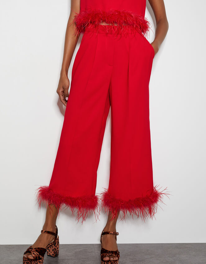 Monsoon x Sarah Corbett-Winder Feather Trim Cropped Trousers, Red (RED), large