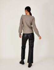 Embroidered Ruffle Cardigan with Recycled Polyester, Camel (OATMEAL), large