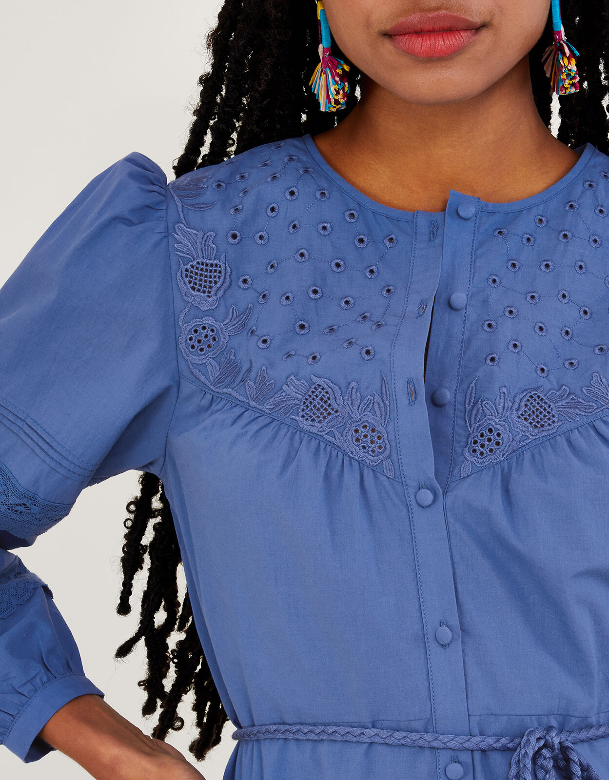 Bib Embroidered Detail Dress in Sustainable Cotton Blue Day