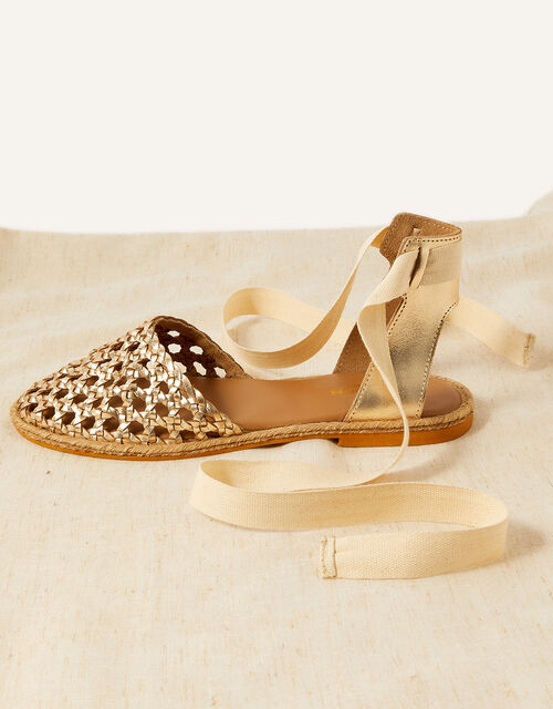Tie-Up Leather Woven Espadrille Wedges, Gold (GOLD), large