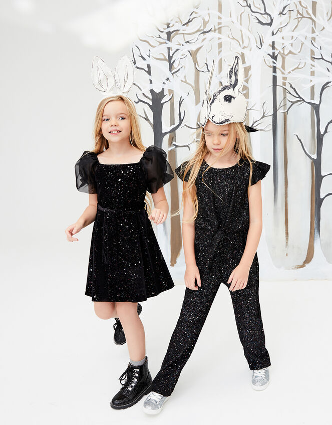 Puff Sleeve Sparkle Velvet Dress, , large