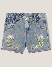 Sequin Floral Embroidered Denim Shorts, Blue (BLUE), large