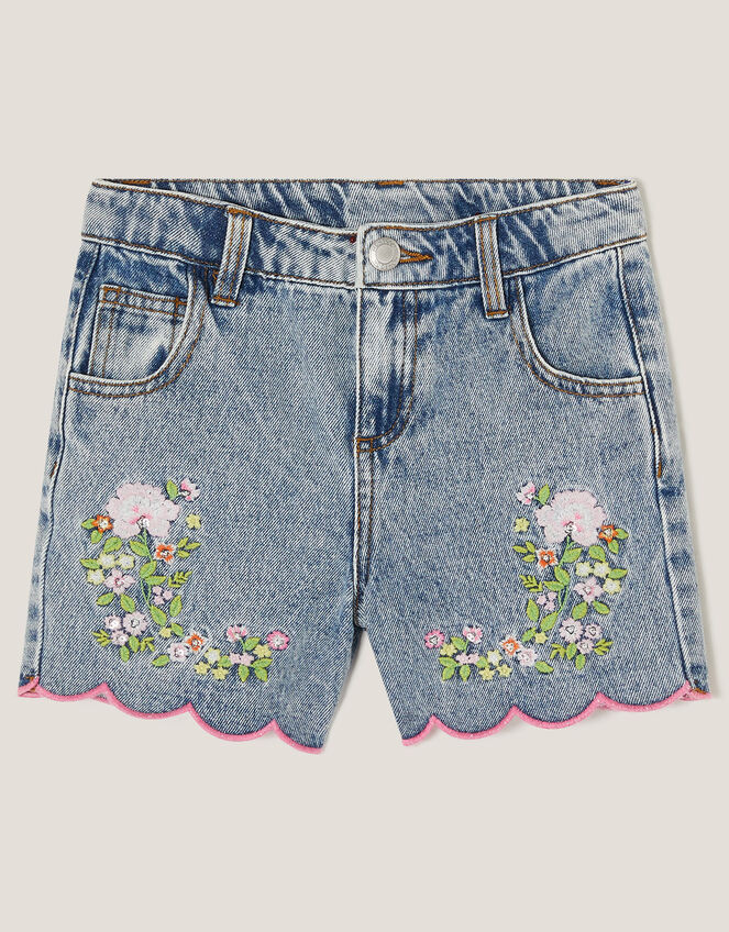 Sequin Floral Embroidered Denim Shorts, Blue (BLUE), large