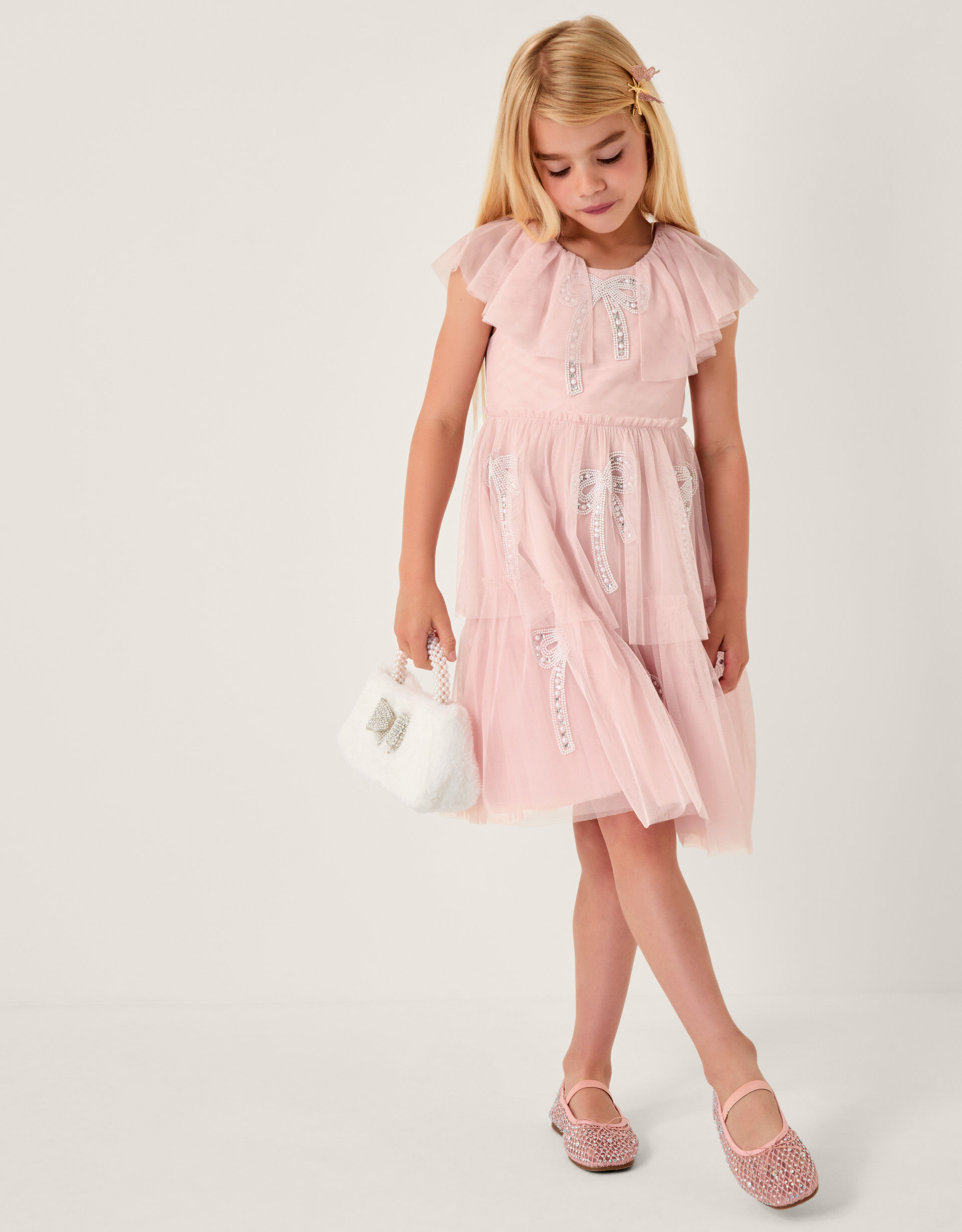 Embellished Bow Cape Sleeve Dress Pink