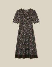 Carly V-Neck Floral Print Velvet Midi Dress, Brown (BROWN), large