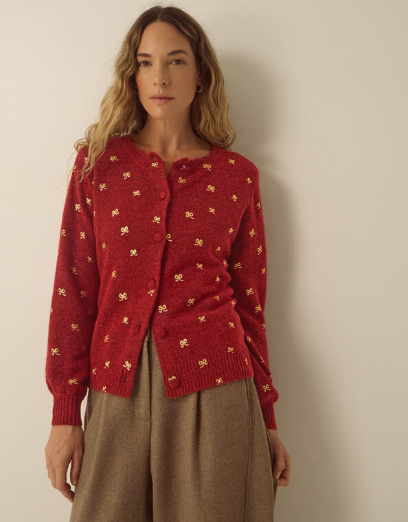 Fee Foil Bow Crew Neck Cardigan, Red (BURGUNDY), large