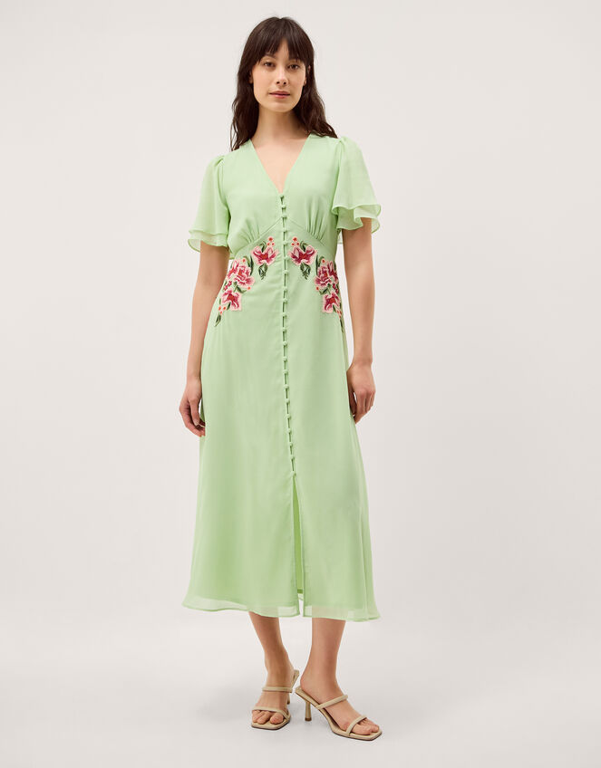 Coraline Floral Embroidered Midi Dress Green