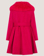 Faux Fur Collar Belted Coat, Red (RED), large