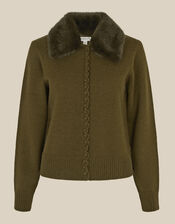 Flo Faux Fur Collar Cardigan, Green (KHAKI), large