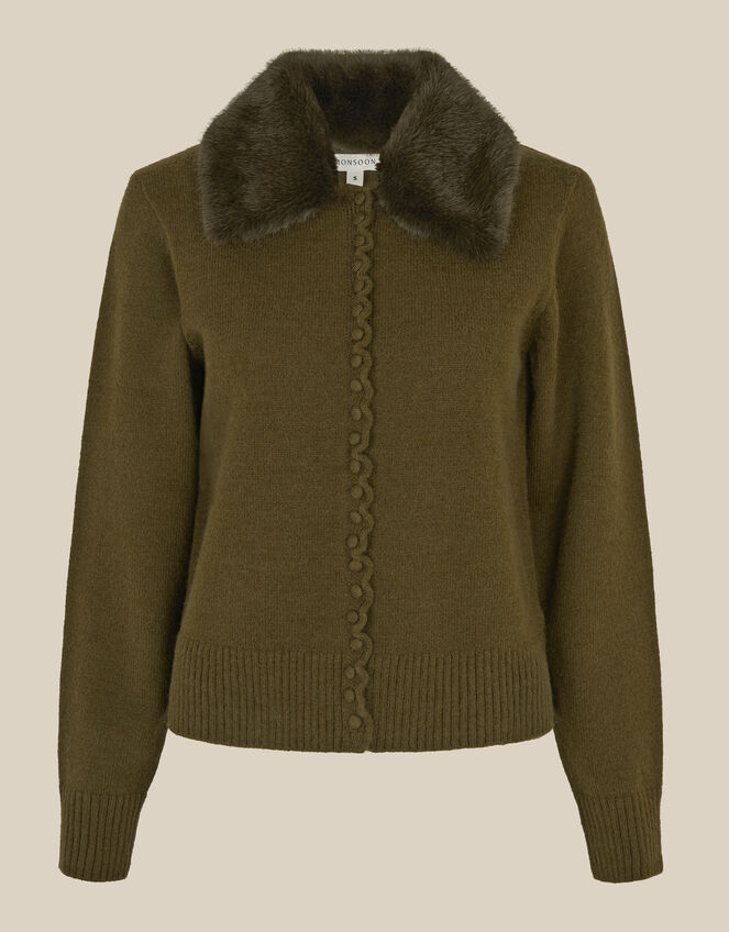 Flo Faux Fur Collar Cardigan, Green (KHAKI), large