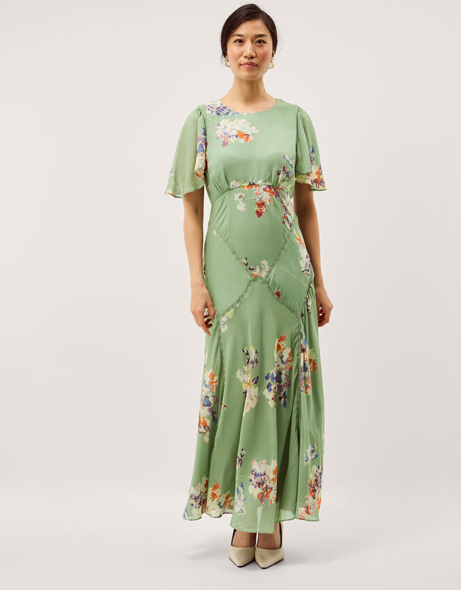 Amber Flutter Floral Print Maxi Dress, Green (GREEN), large