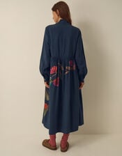 East Freddie Tie Neck Floral Placement Print Midi Dress, Blue (NAVY), large