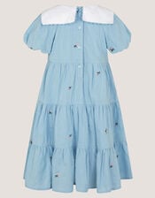 Floral Embroidered Collar Dobby Dress, Blue (BLUE), large