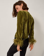 Olivia Feather Cuff Velvet Jacket, Green (OLIVE), large