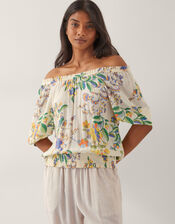 Kaia Floral Print Bardot Top, Ivory (IVORY), large