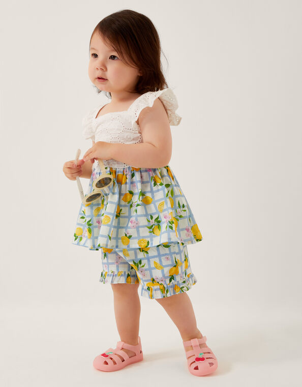 Baby Broderie Top and Lemon Print Shorts Set, Blue (BLUE), large