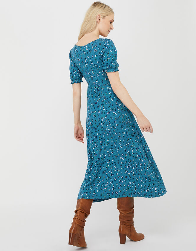 Dua Ditsy Floral Tea Dress in Organic Cotton, Teal (TEAL), large