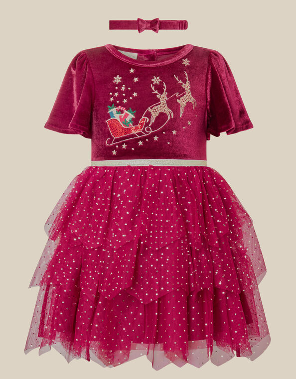 Baby Christmas Reindeer Mesh Dress & Headband Set, Red (BURGUNDY), large