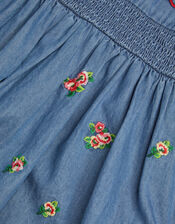 Baby Floral Embroidered Chambray Dress, Blue (BLUE), large